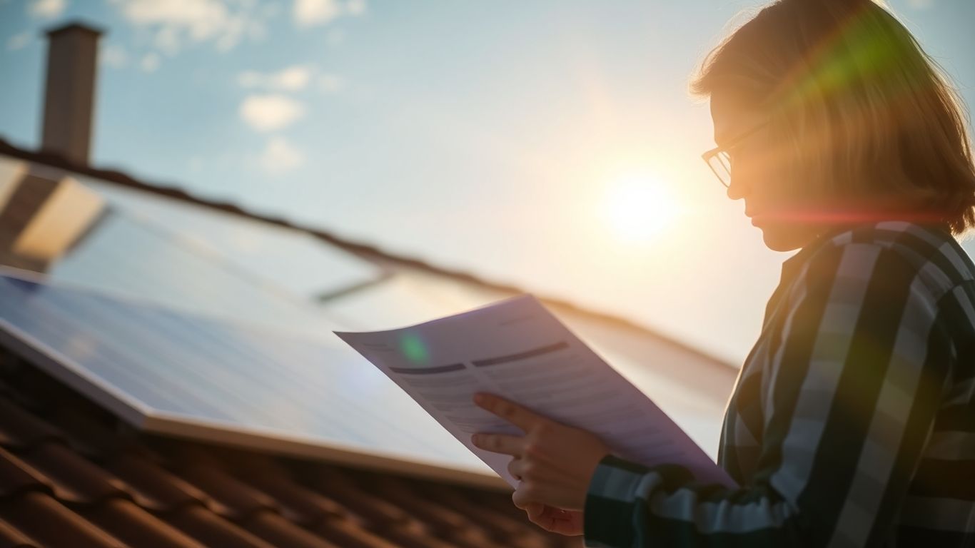 Solar panels on a roof with financial documents.
