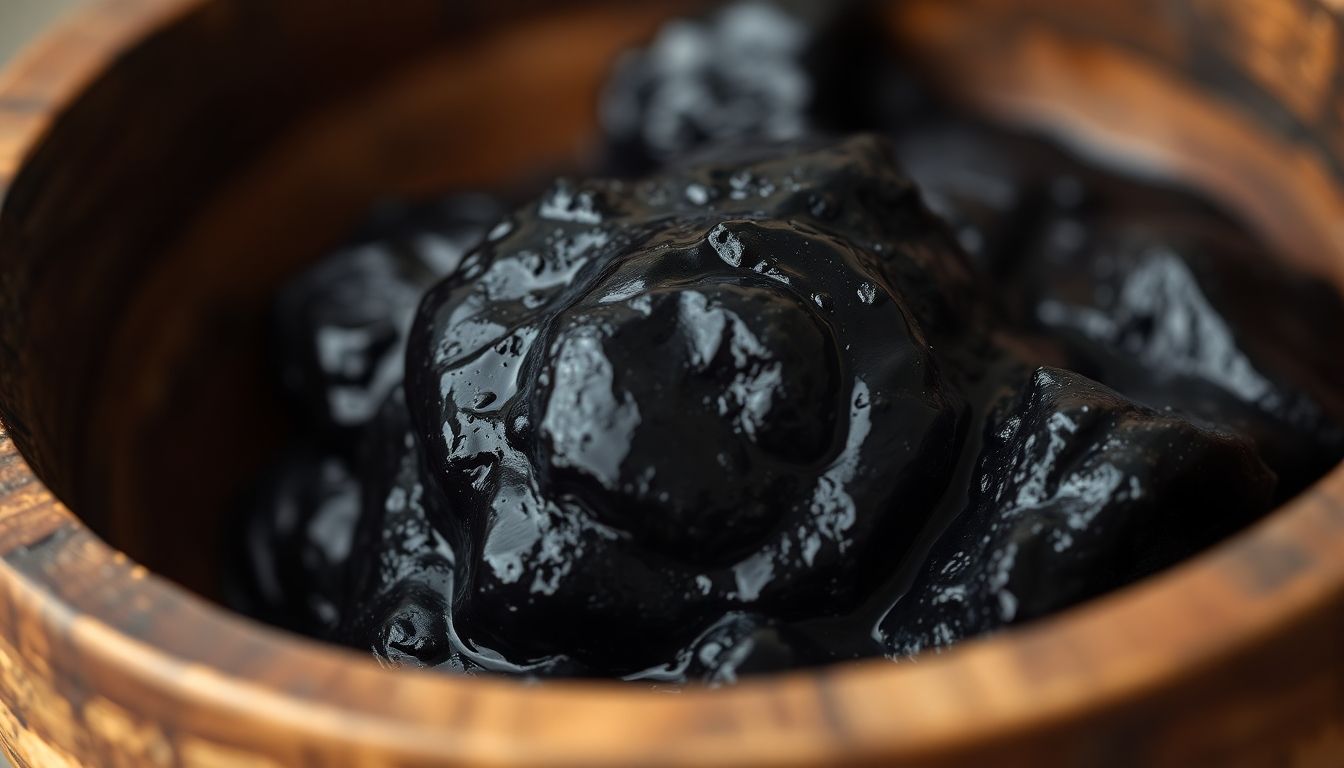 Shilajit resin in a wooden bowl
