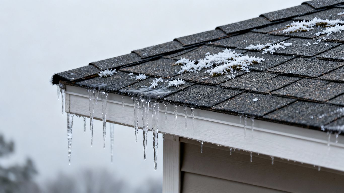 Winter roof with icicles and frost in Georgia.