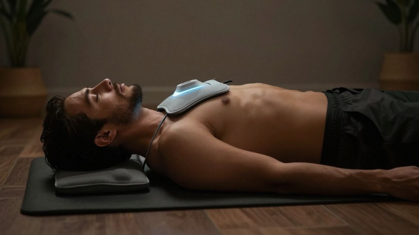 Person relaxing on a mat with a PEMF pad.