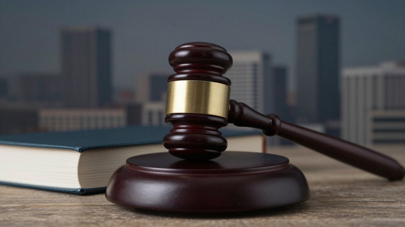 Gavel on legal books with cityscape background