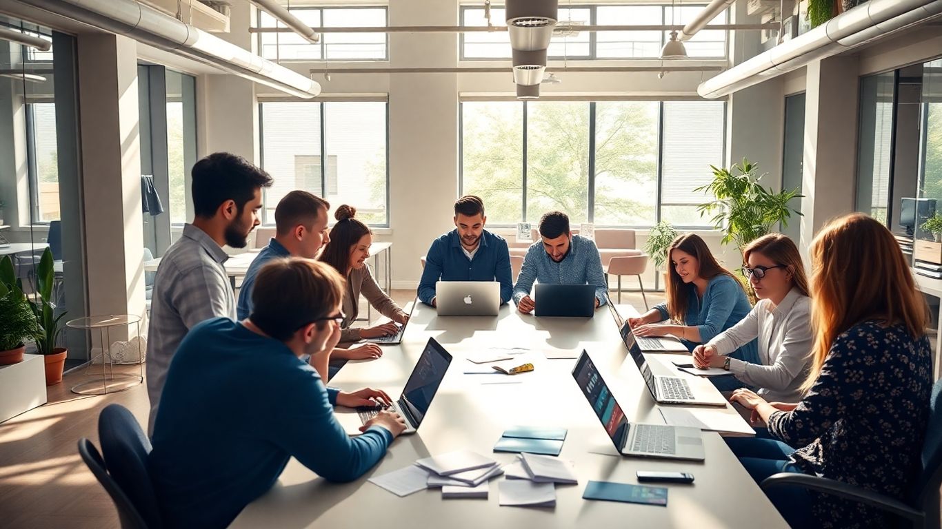 Echipă tânără colaborând într-un birou modern.