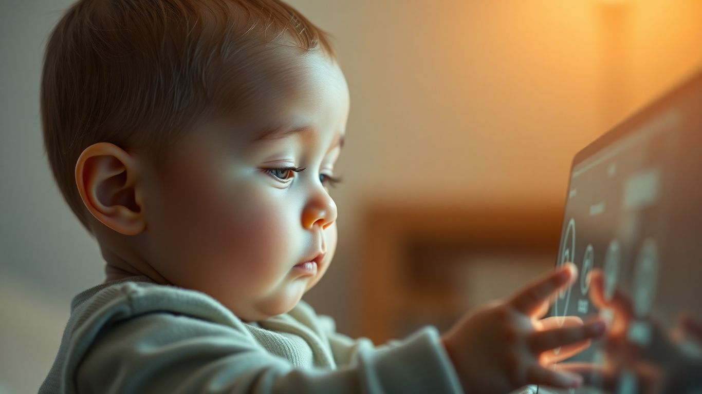 Baby interacting with glowing AI interface