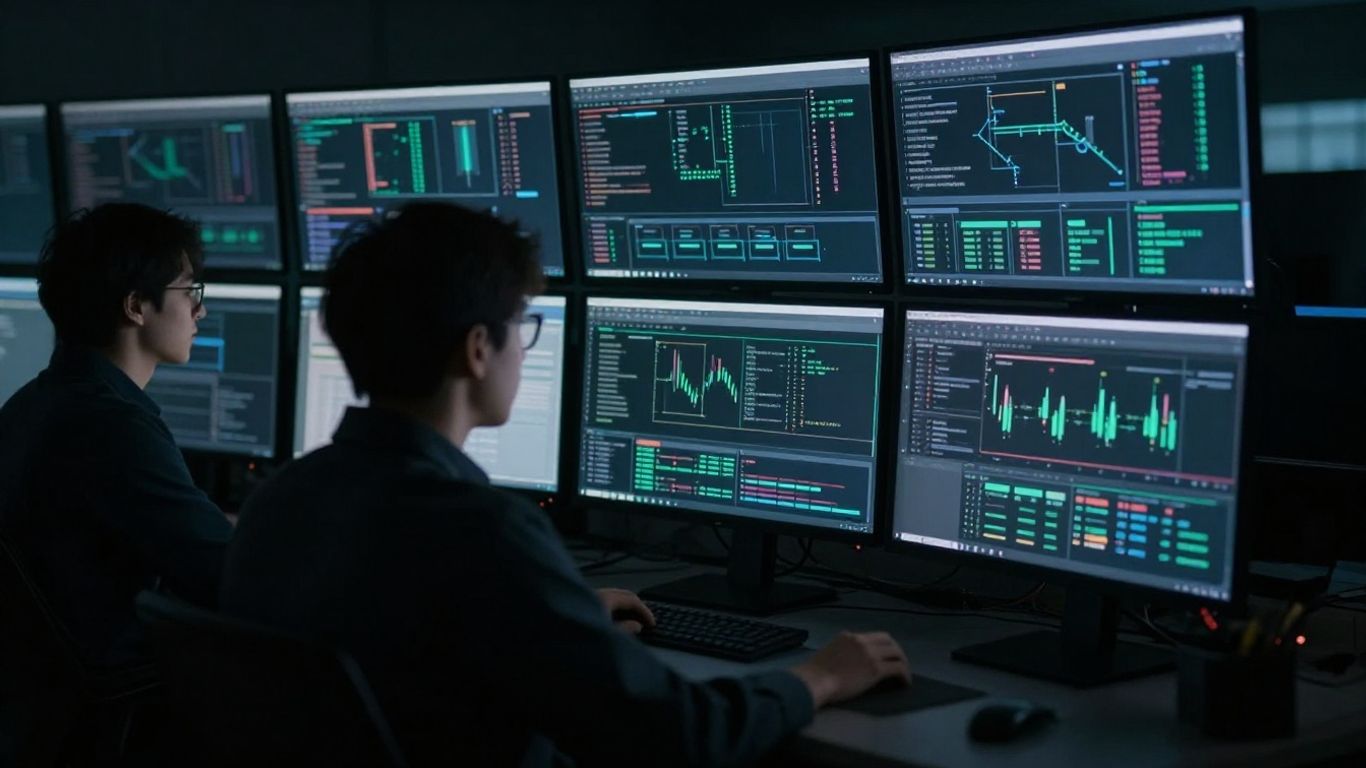 Security operations center with analysts monitoring screens.