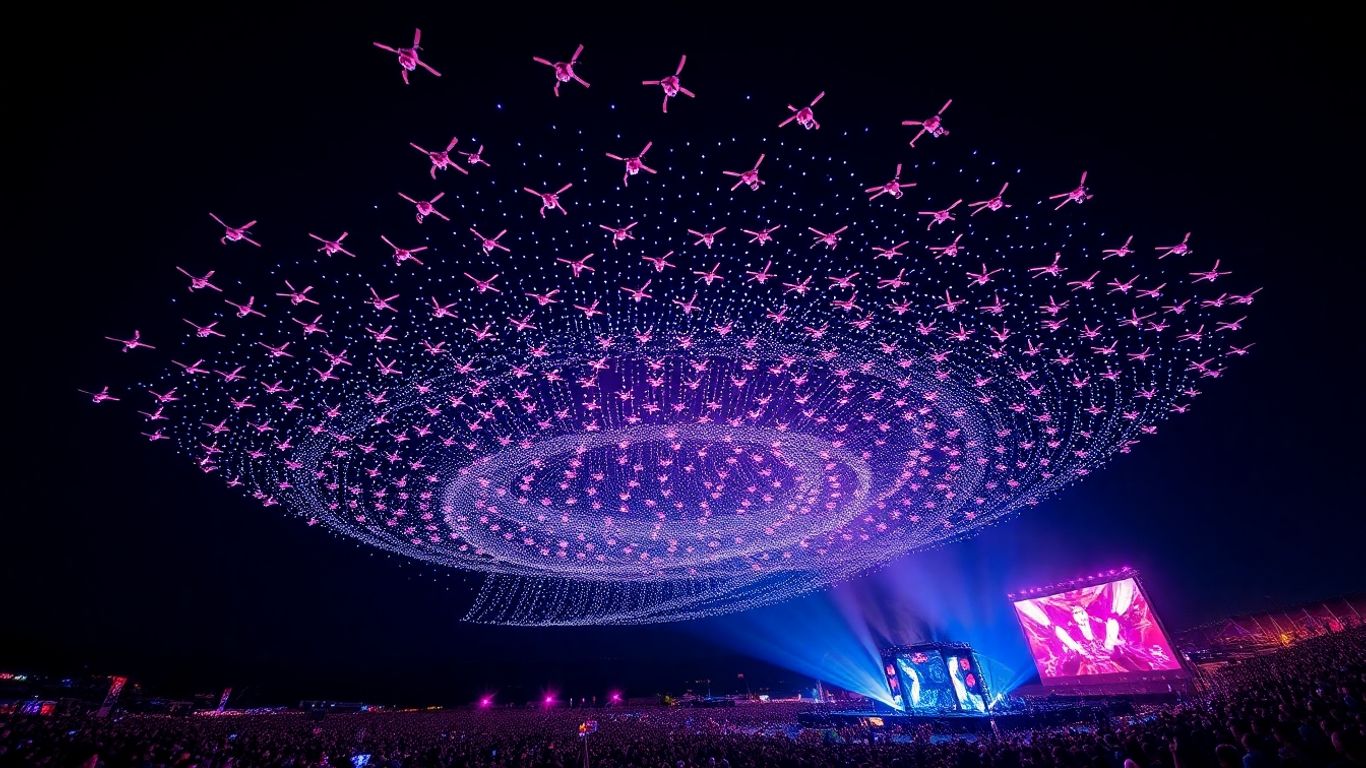 Pertunjukan drone yang memukau di malam hari.