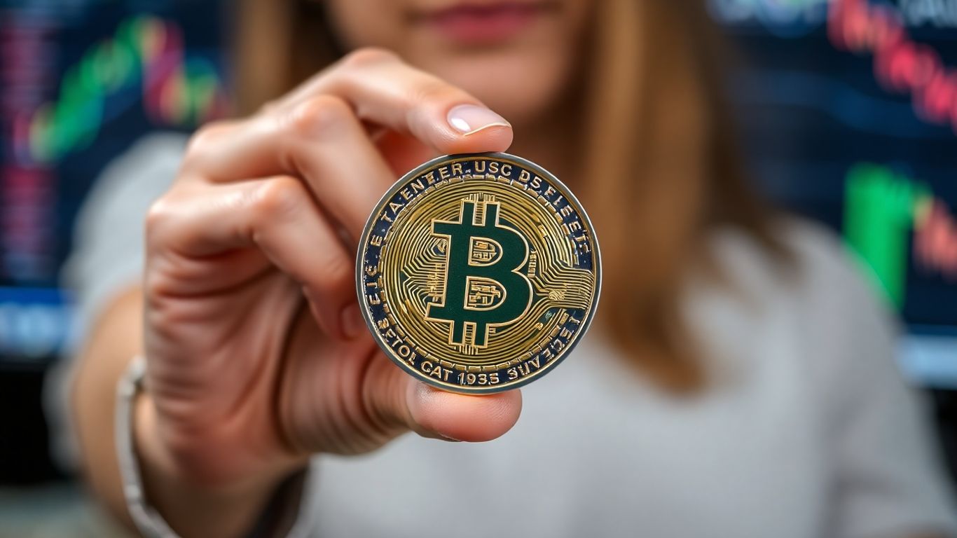 Hands holding a digital currency coin