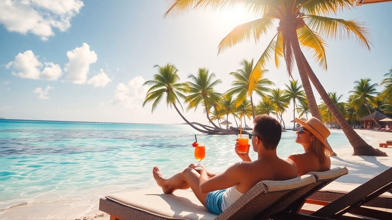 Couple relaxing on a tropical beach with drinks.