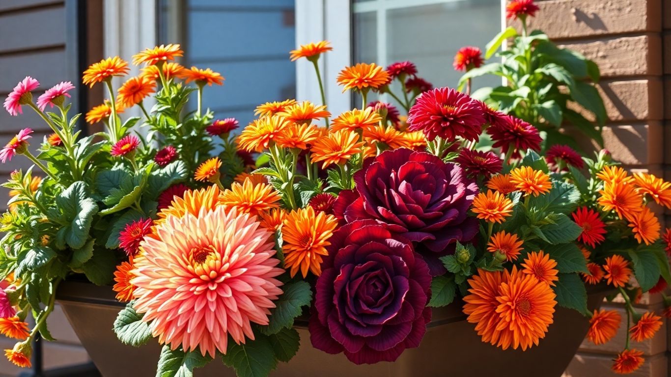 Herbstliche Balkonkästen mit bunten Blumen und Gräsern