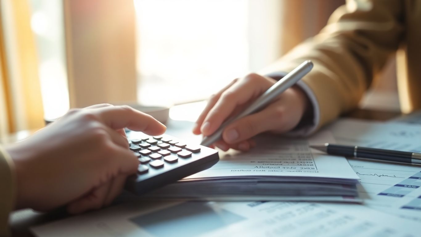 Mãos a fazer declaração de IRS com calculadora e documentos.