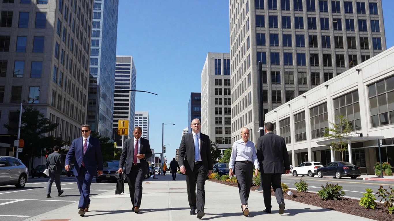 New Jersey cityscape with professionals and ocean view.
