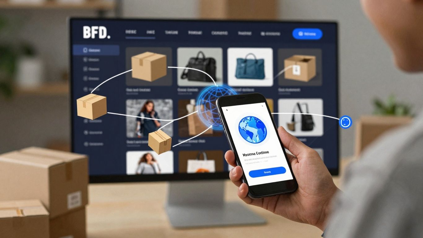 Bhip Global dropshipping e-commerce store interface and happy customer.