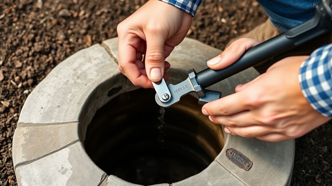 Homeowner checking well seal for maintenance.