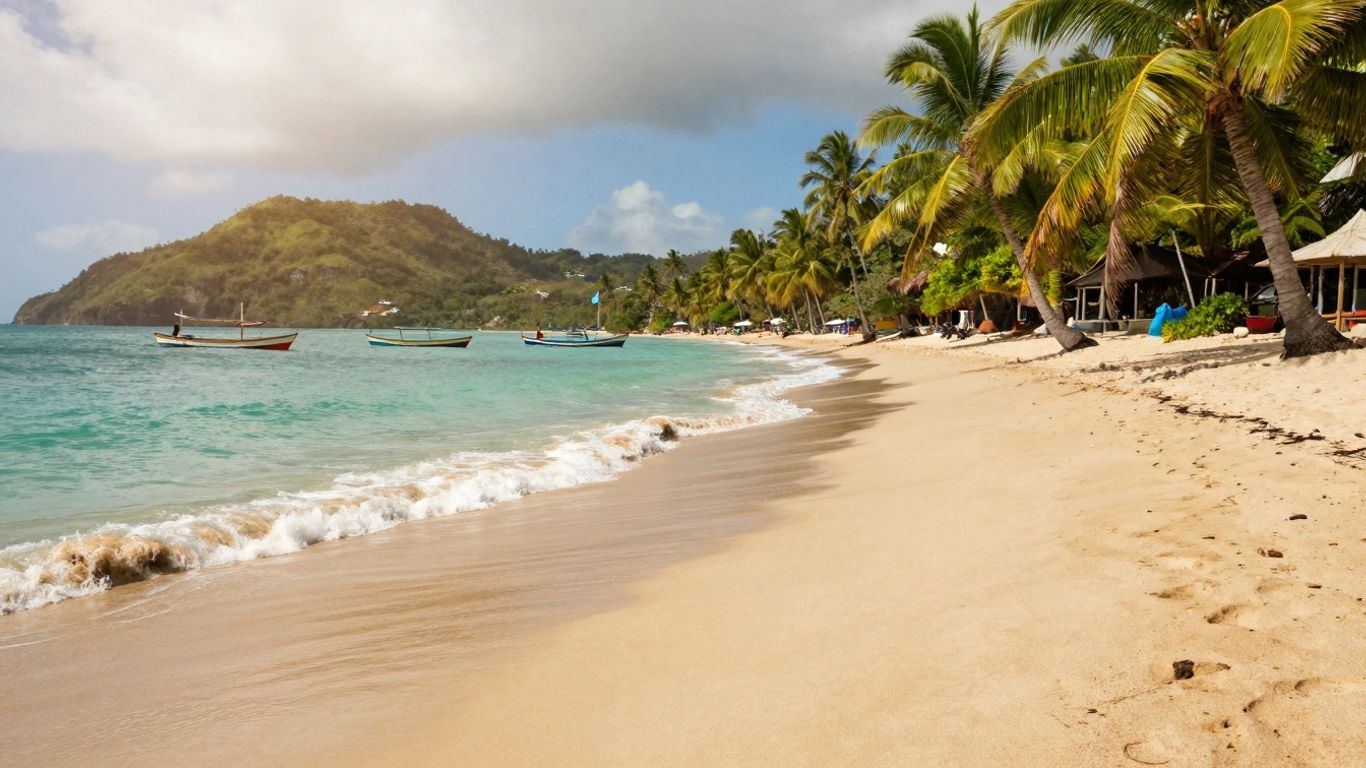 Tropical beach in Grenada with palm trees and turquoise water.