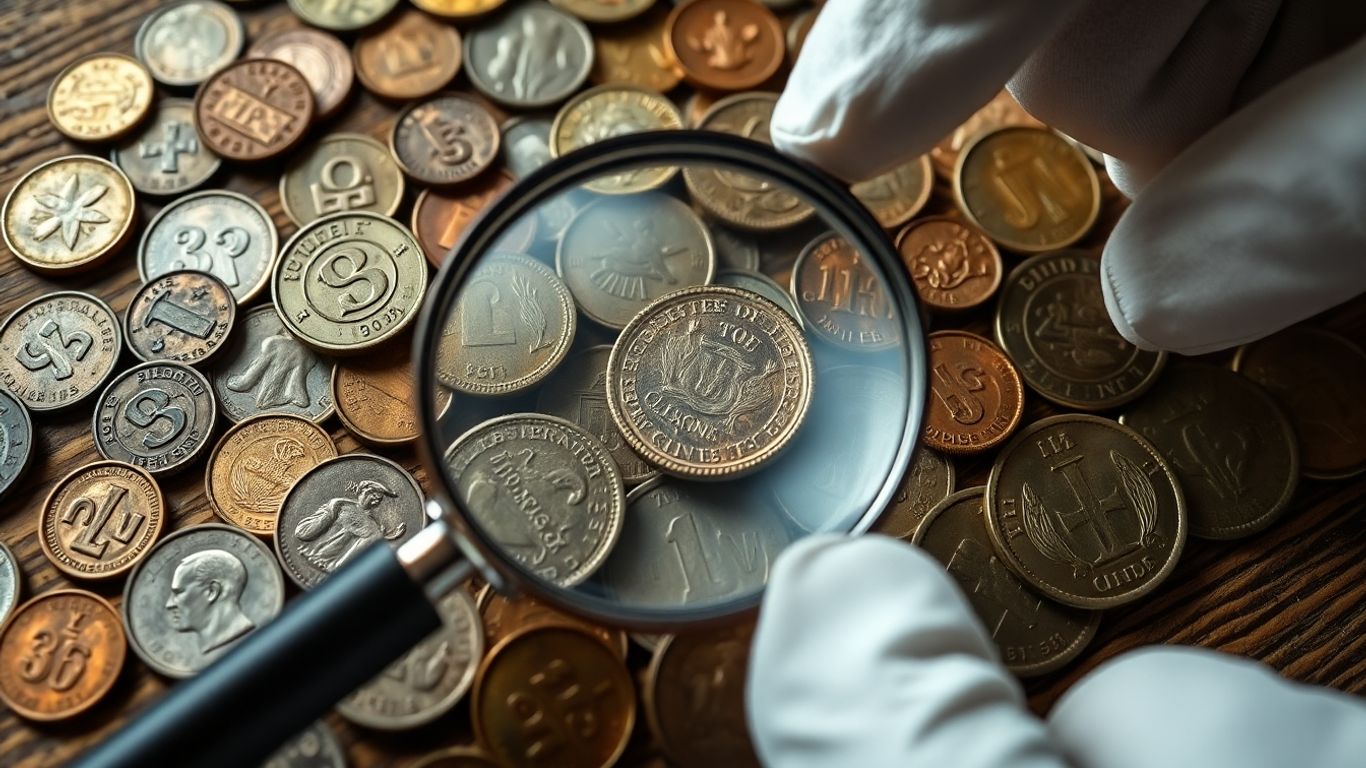 Hands examining old coins with a magnifying glass
