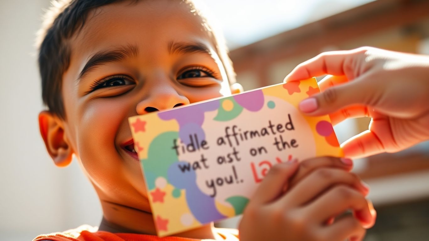 Boy smiling holding affirmation card with another child's hand