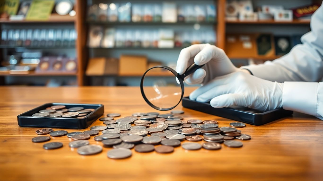 Professional appraiser examining coins in Waco office.