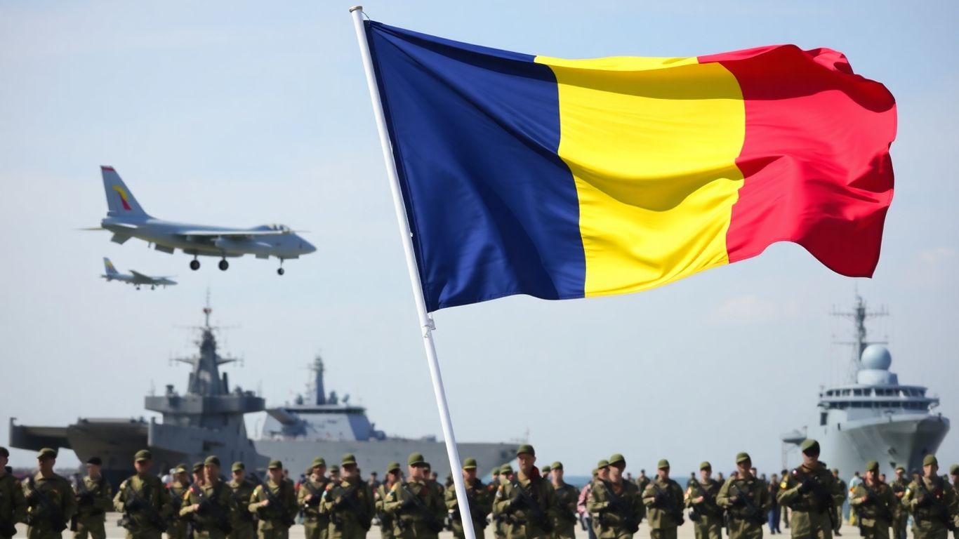 Steagul României flutură, avioane și nave militare.