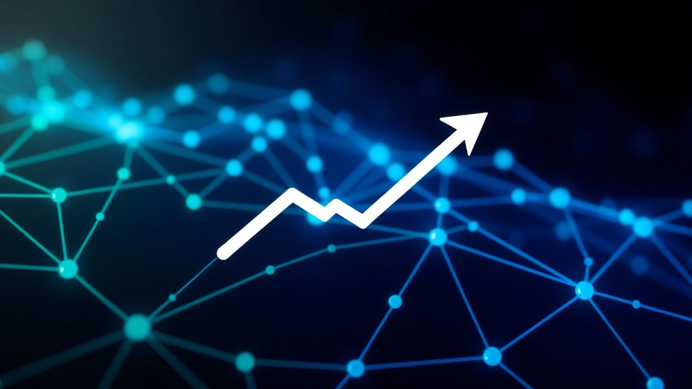 Digital currency abstract with upward trend arrow.