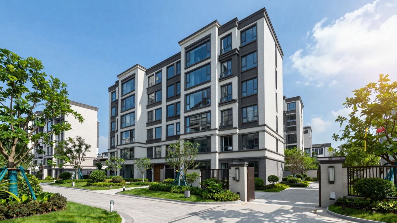 Modern Residential Building With Green Surroundings And Bright Sky.