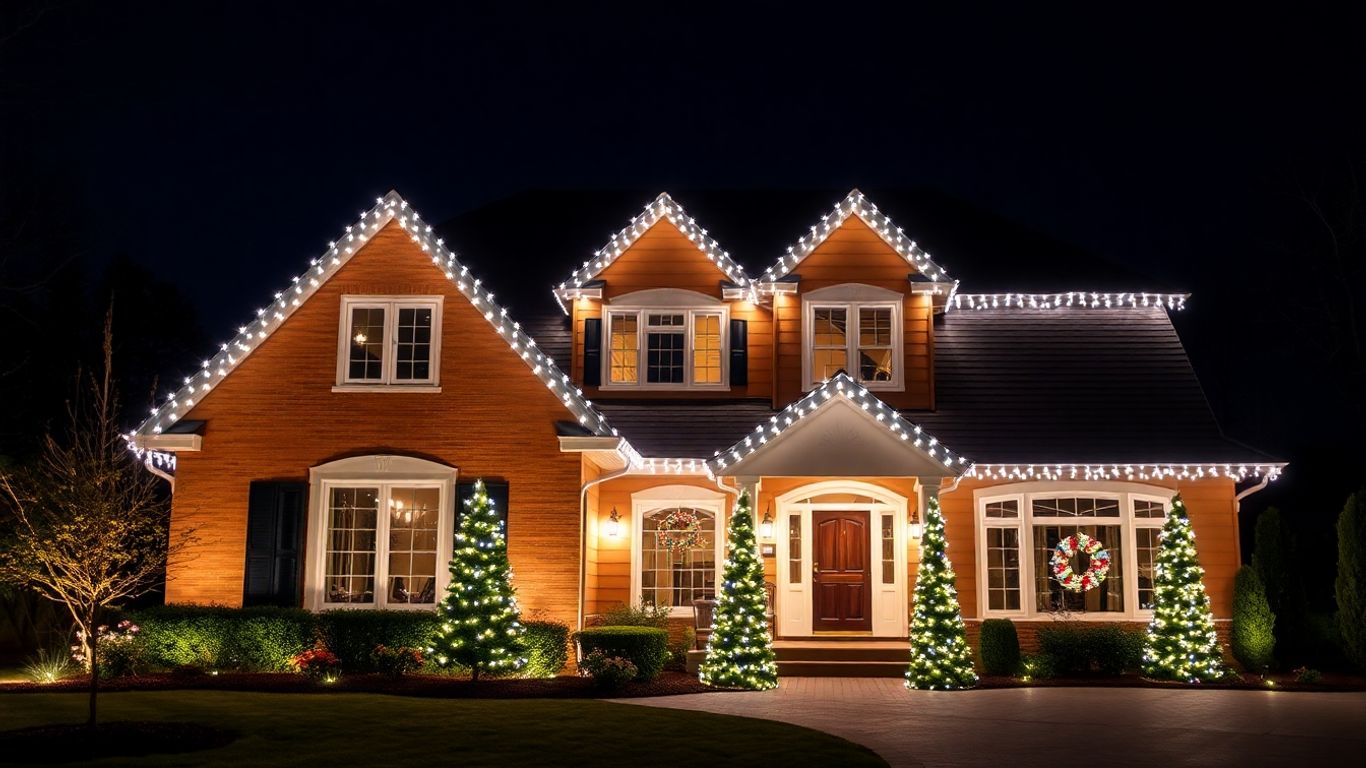 House with permanent Christmas lights at night.