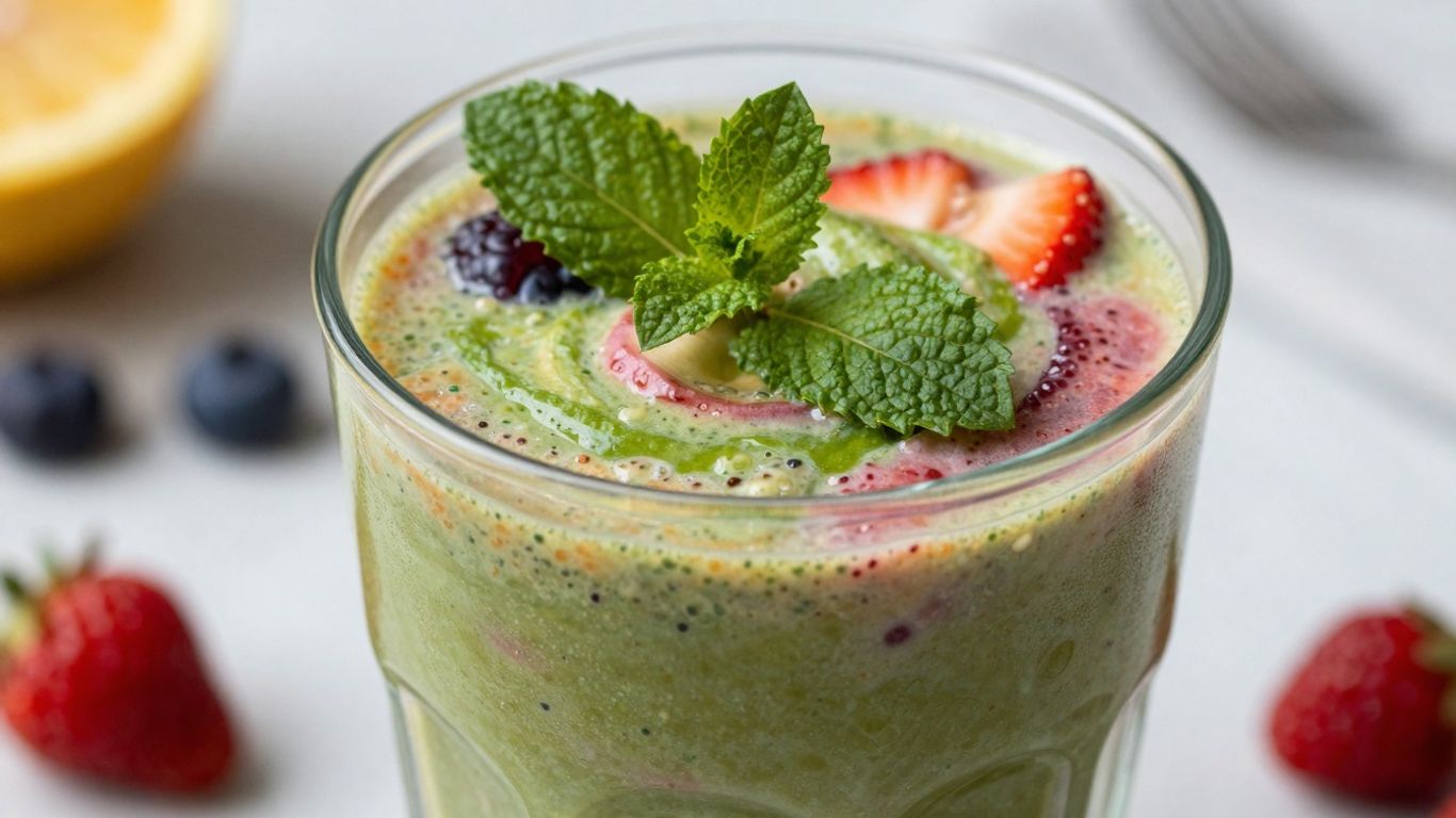Colorful healthy breakfast smoothie in a glass with fruit.