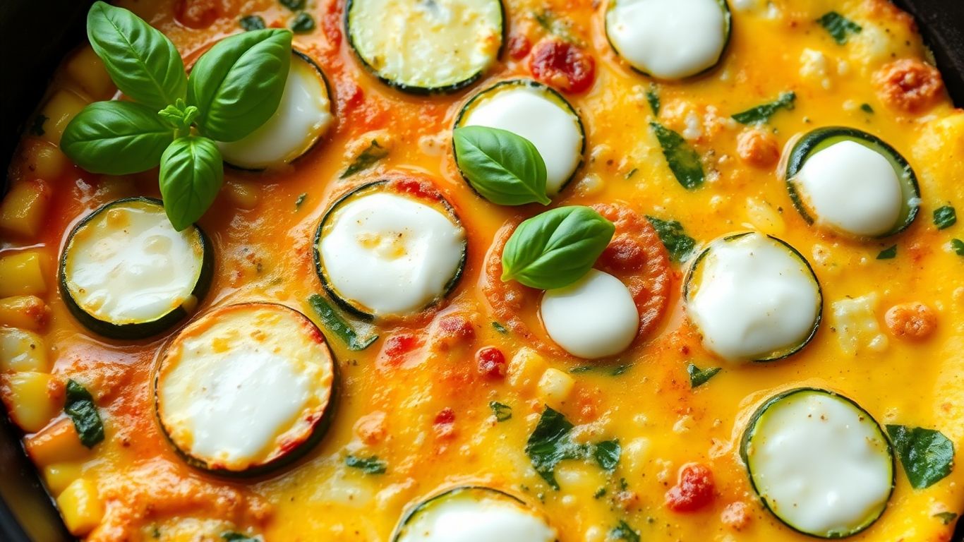 Mozzarella, basil, and zucchini frittata in a skillet.
