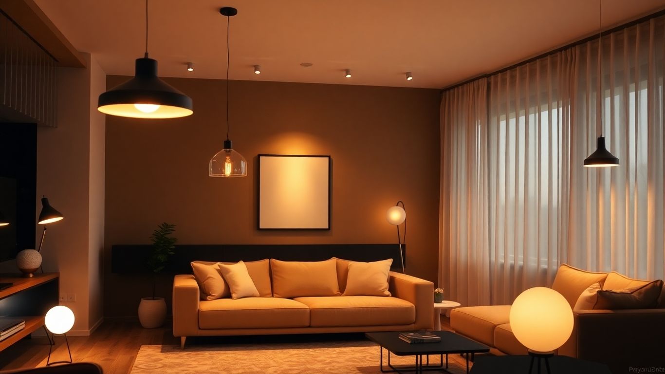 Modern living room with stylish pendant and floor lighting.