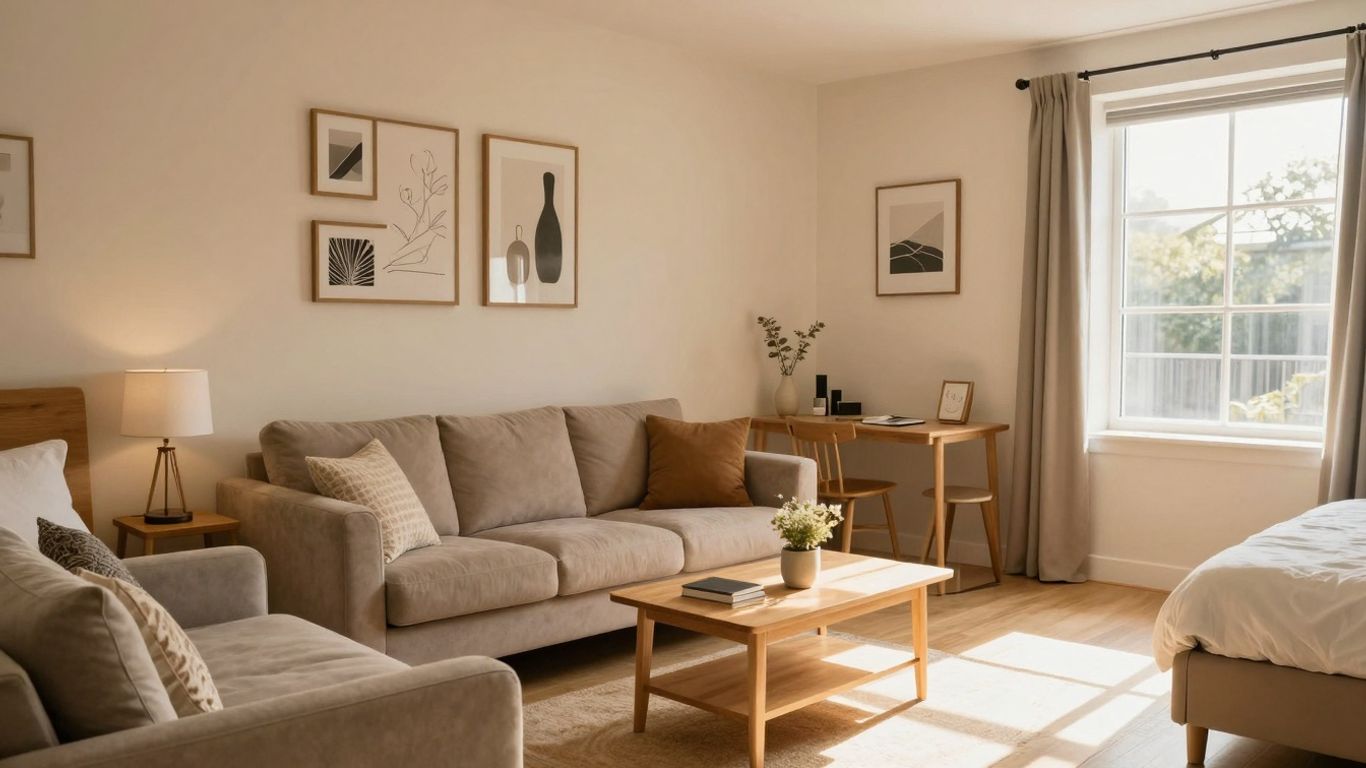 Cozy Airbnb living room with stylish furnishings and natural light.