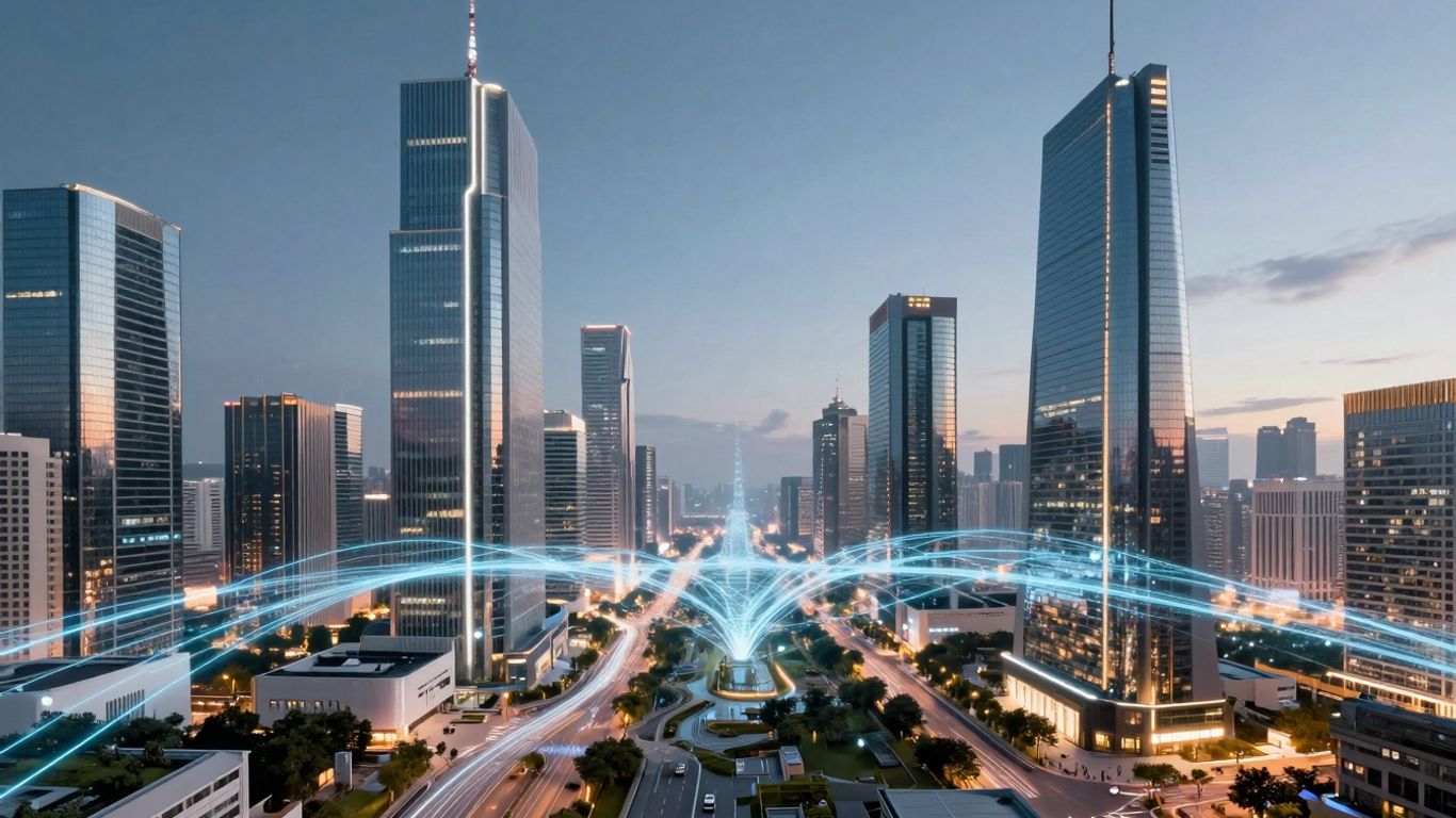 Futuristic cityscape with digital pathways connecting buildings.