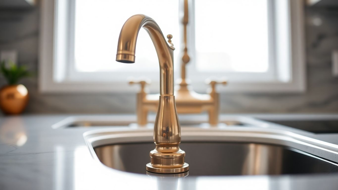 Elegant brass kitchen tap reflecting light.