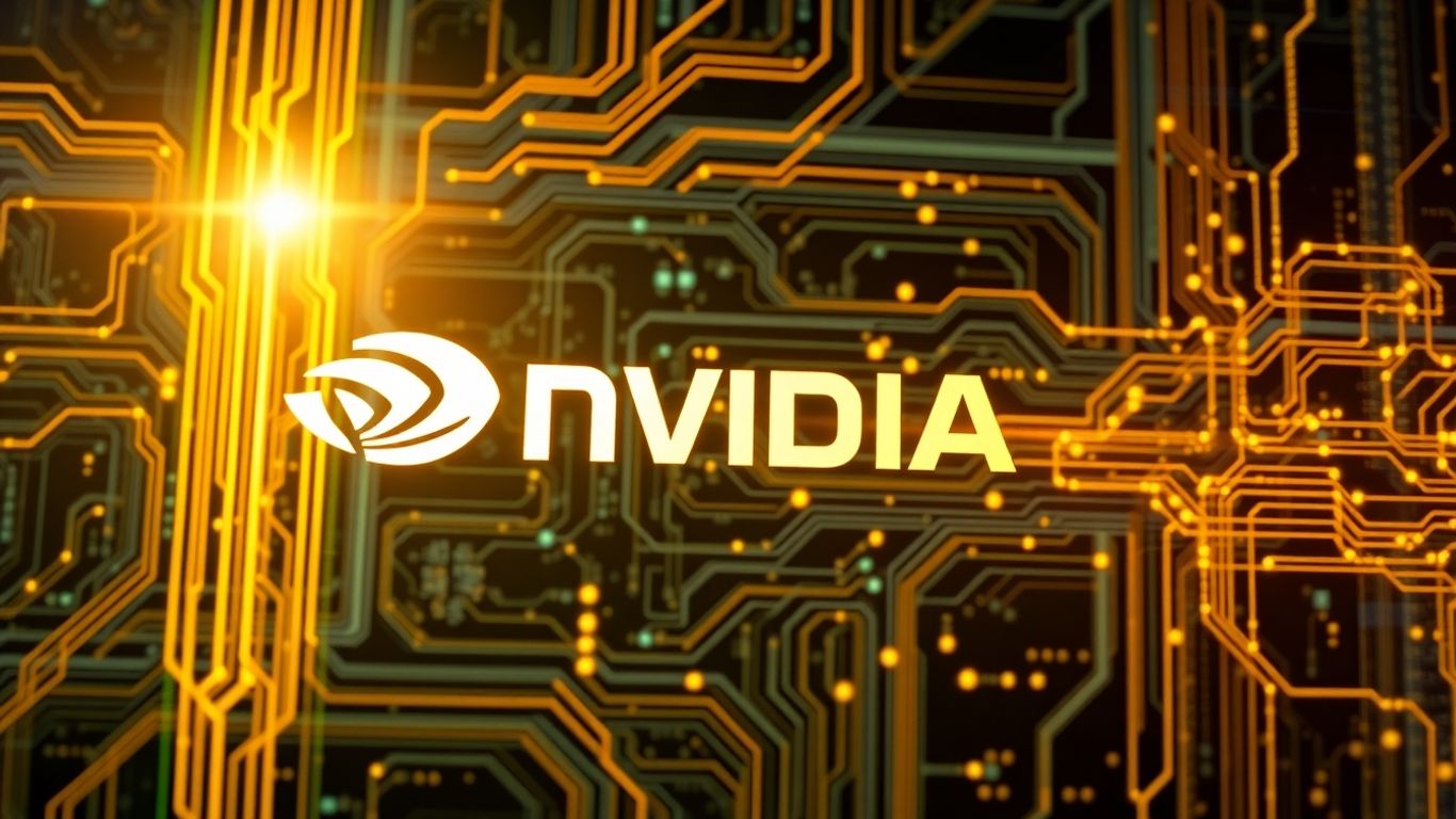 Nvidia logo glowing amidst digital circuits and data streams.
