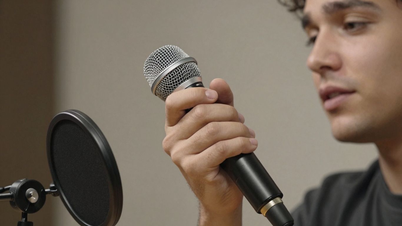 Person holding microphone for podcast recording.