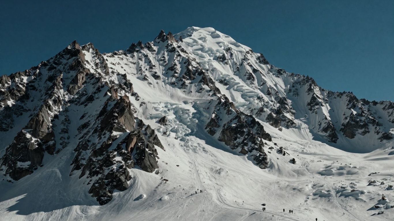 Snowy Mont Blanc peak with skiers and climbers on slopes.