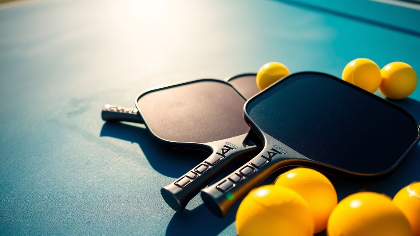 Joola pickleball paddles and balls on a court.