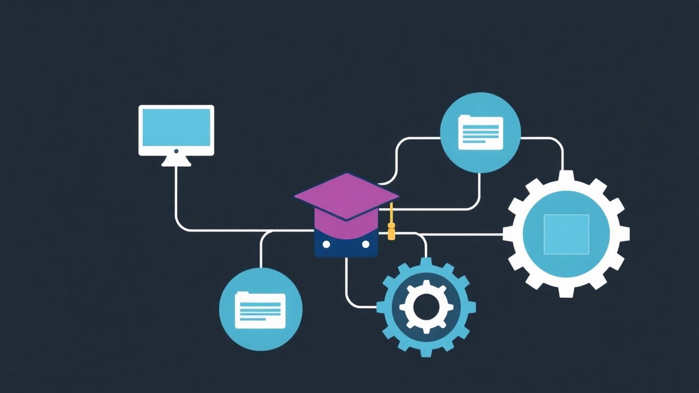 School IT support infographic with technology and education icons.
