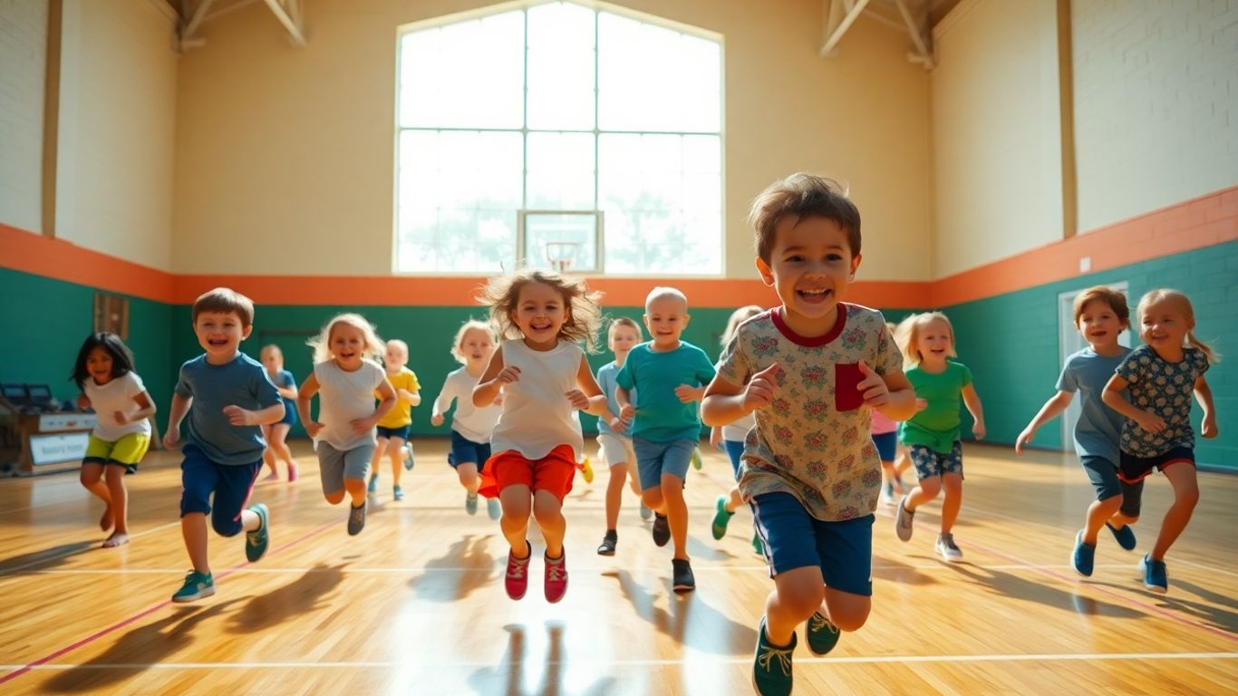 Kinder spielen und bewegen sich fröhlich in einer Sporthalle.
