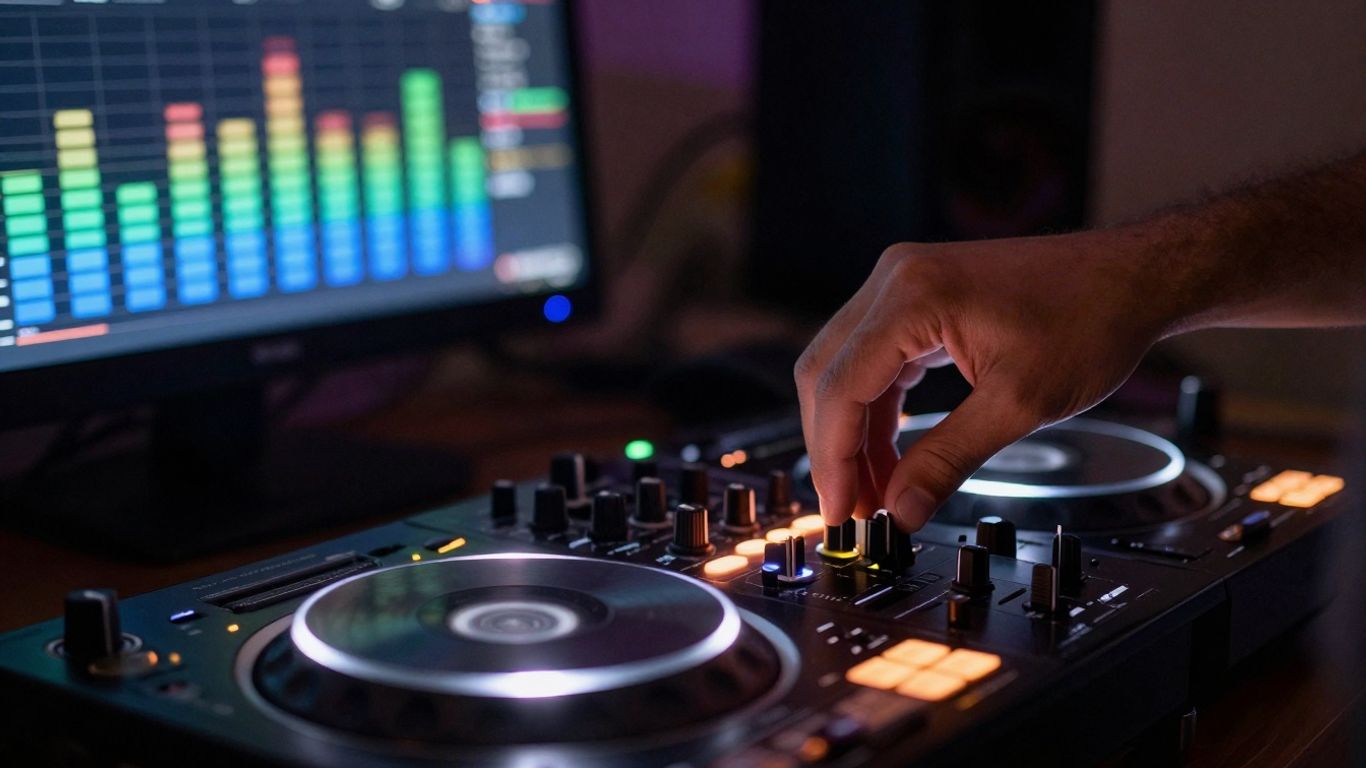Hands on DJ equipment with colorful lights.