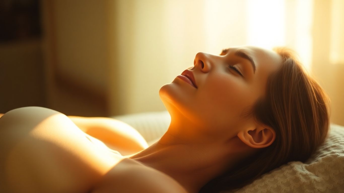 Person relaxing with eyes closed in warm light.