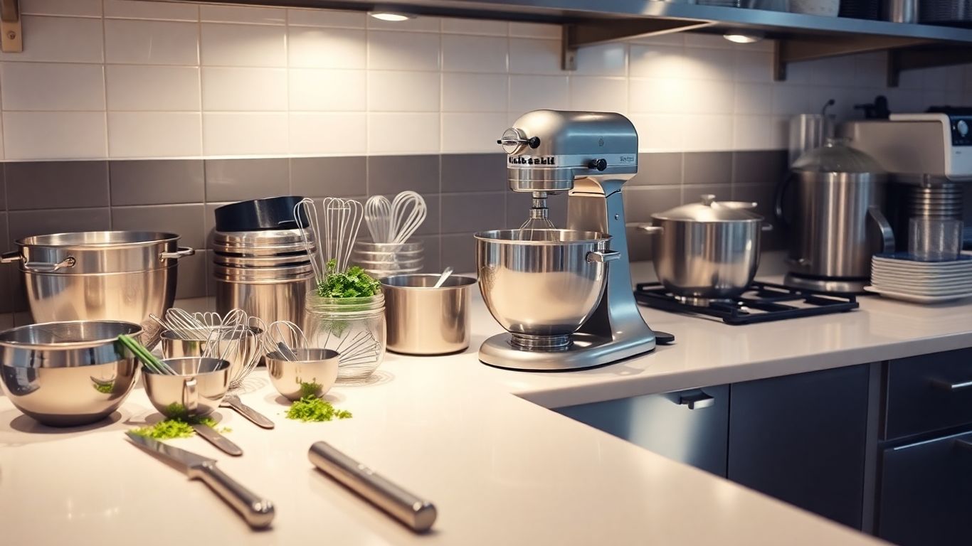 Professional catering equipment laid out on a kitchen counter.