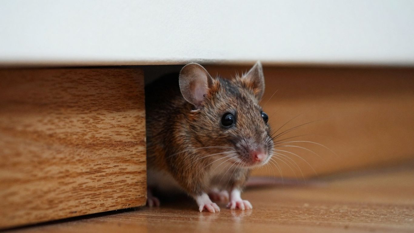 Mouse peeking from behind baseboard in a home.