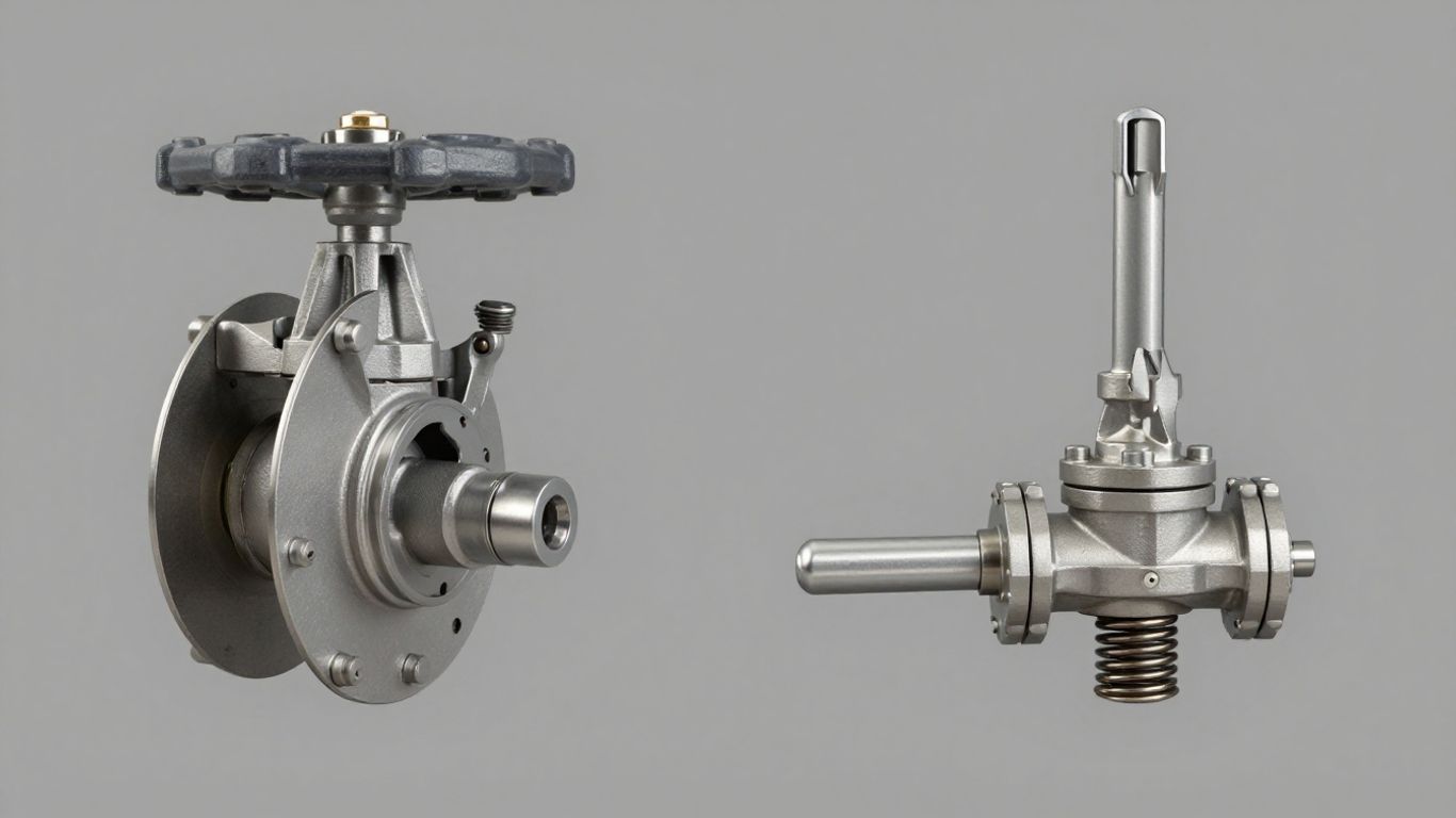 Drehventil und Pumpventil nebeneinander, metallisch.