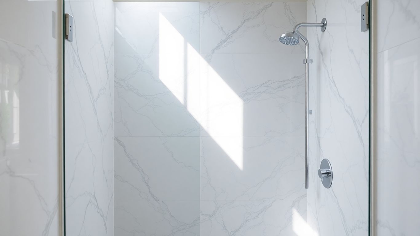 Luxurious marble shower with natural light.