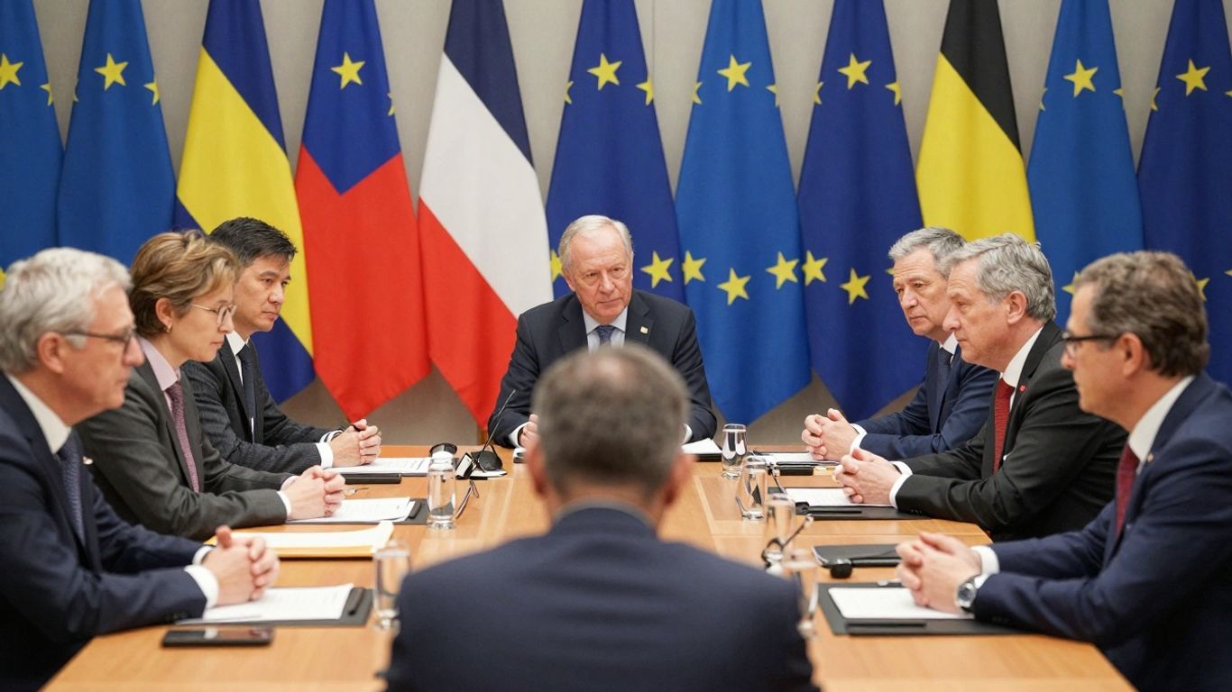 Lideri europeni discutând la o masă, steaguri UE.