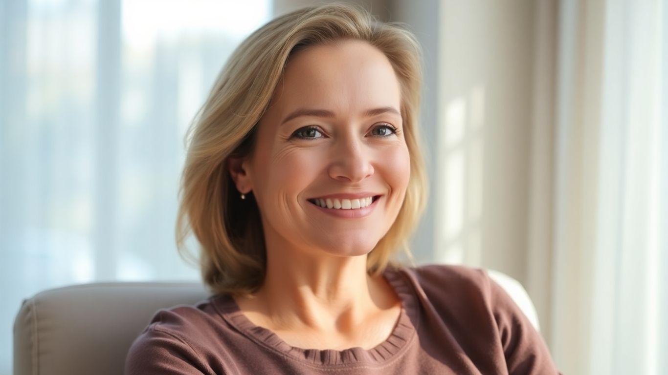 Mulher sorrindo, sentada em cadeira, ambiente calmo e iluminado.