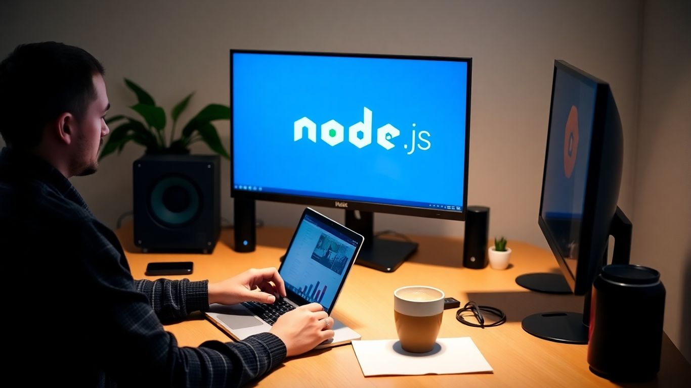 Web developer working with Node.js on screen