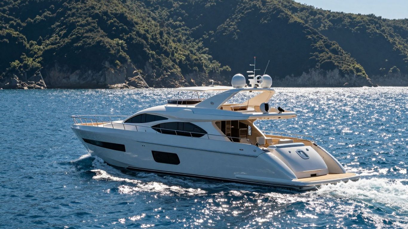 Modern 40-foot yacht sailing on a clear blue ocean.