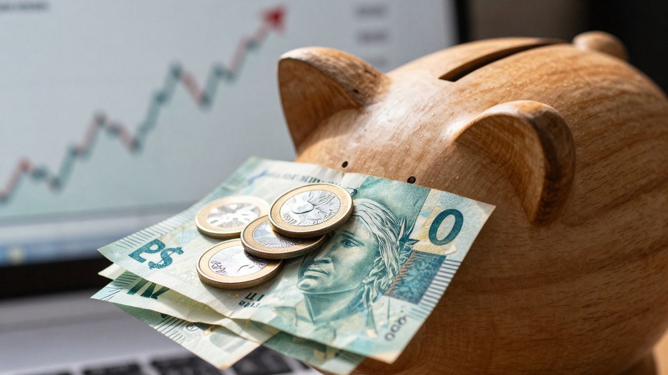 Moedas brasileiras em um cofrinho com luz solar.