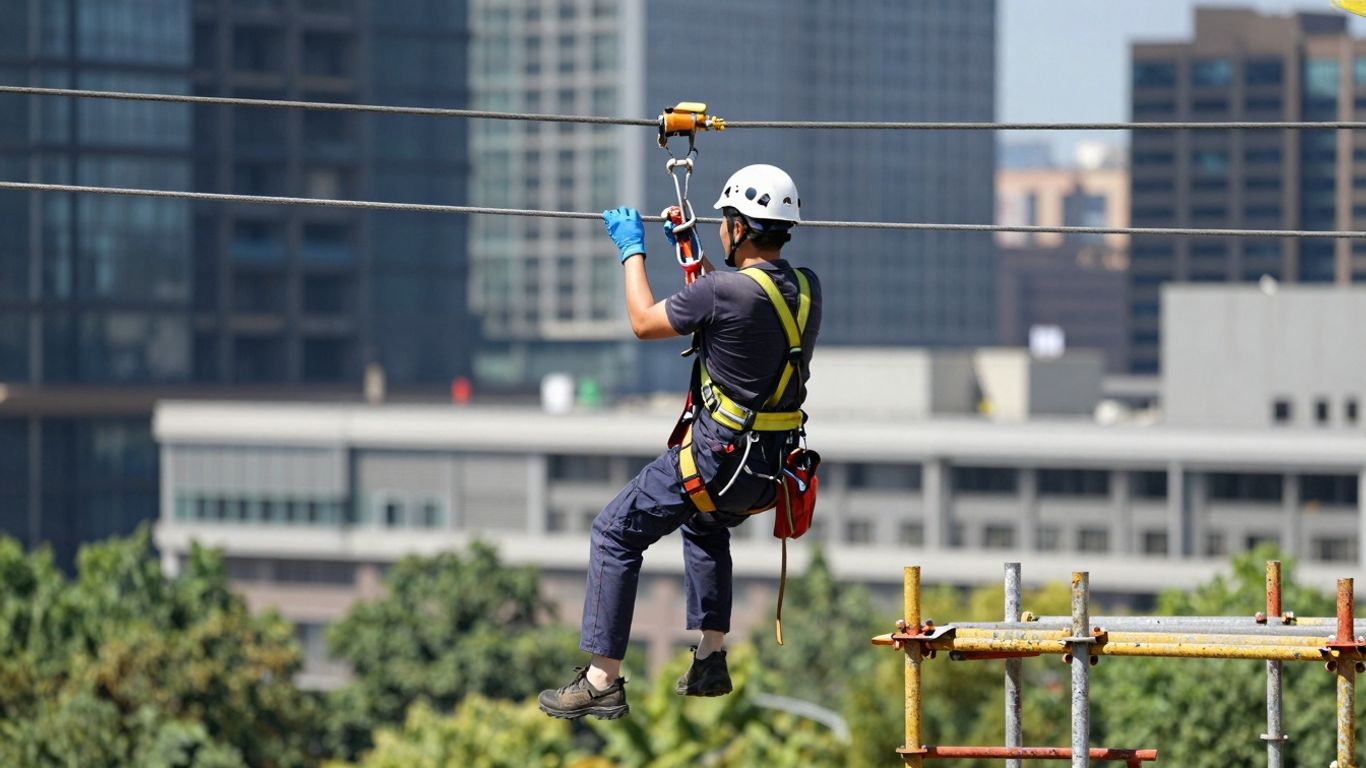 Worker on scaffolding at height, wearing safety harness.