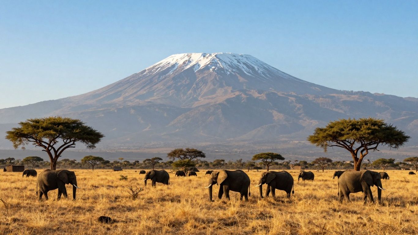 Elephants grazing on savanna with Kilimanjaro in background.