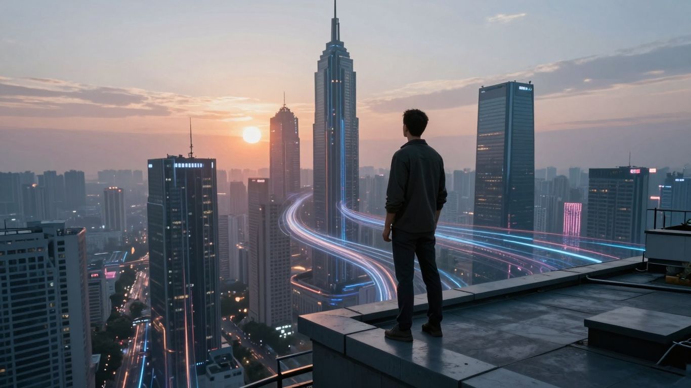 Futuristic cityscape with digital streams and a person on a rooftop.